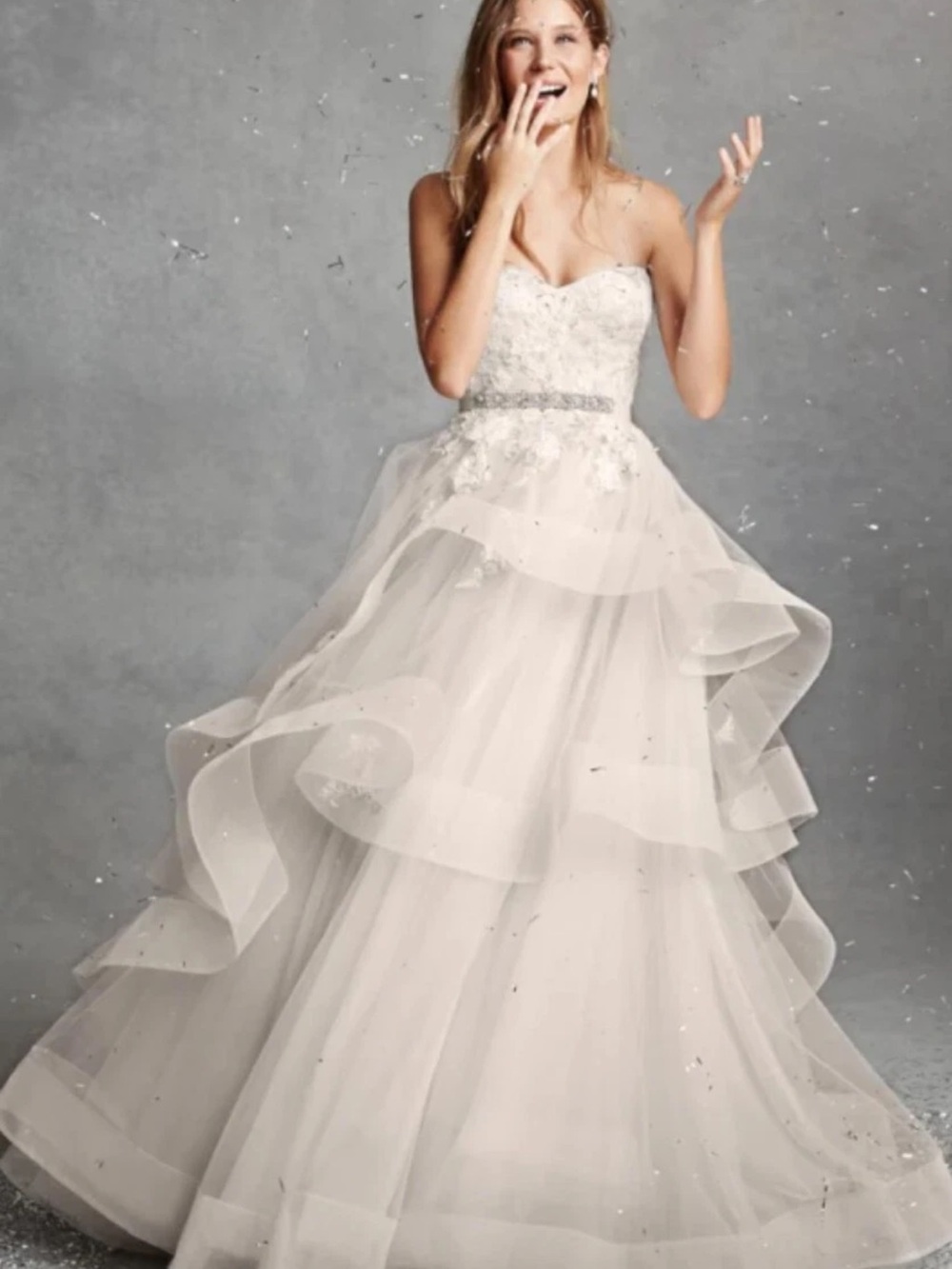 Monique Lhuillier White Bridal Ball Gown with Lace Appliqué